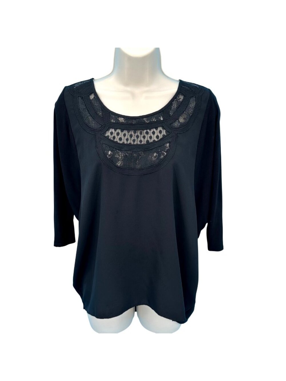 Lauren Conrad Womens Black 3/4 Sleeve Top With Lace Panel Detail Size M